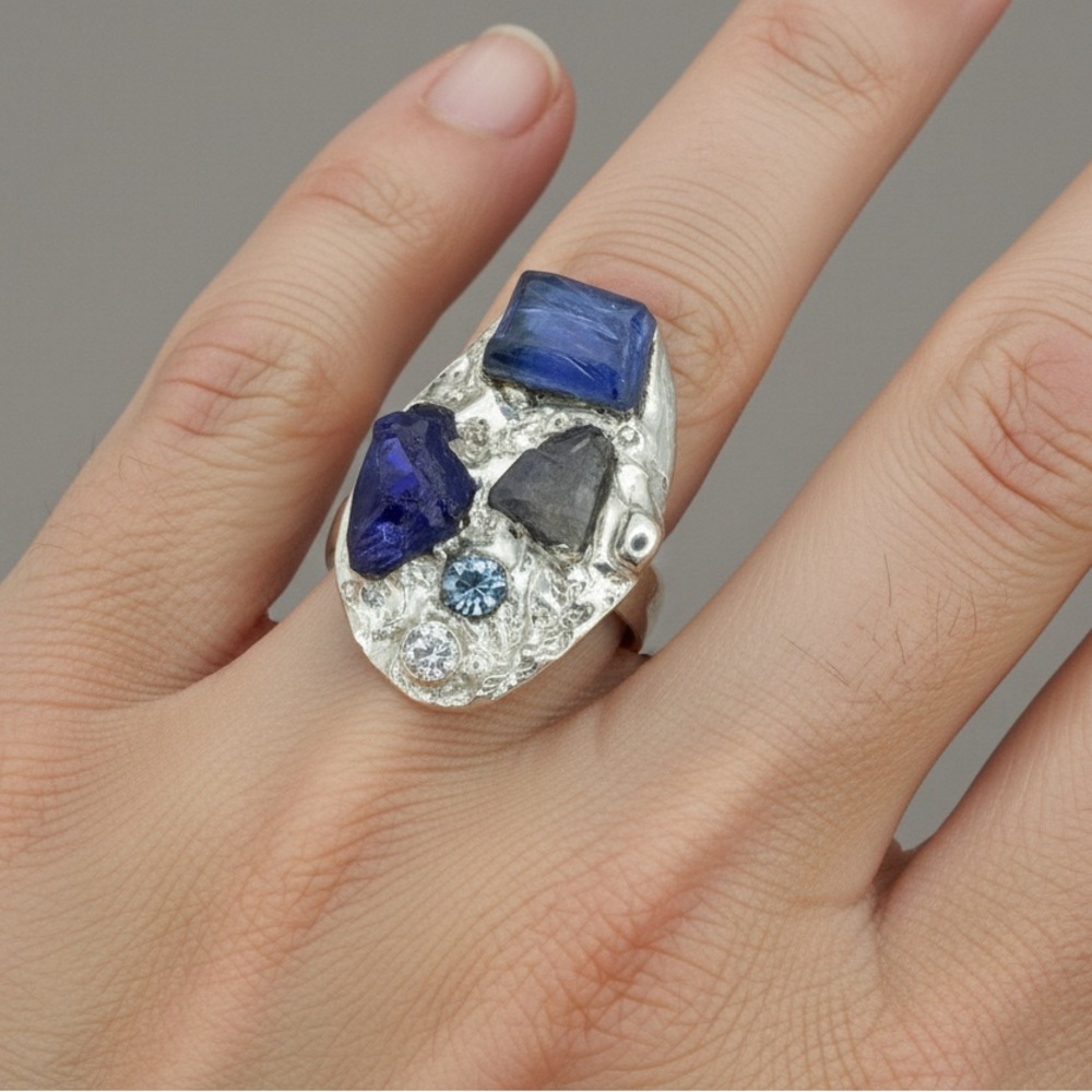 Brutalist Sea Glass Ring - Sterling Silver Cocktail Ring with Crystal Size 9